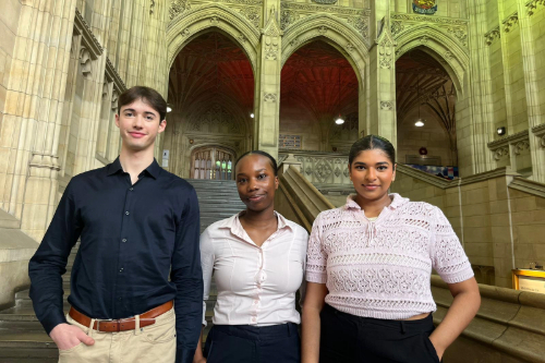 The DermSpectrum team in the University's Wills Memorial Building.Three students, Harvey Hill, Elizabeth Maregere and Mariana Wickramarachchi
